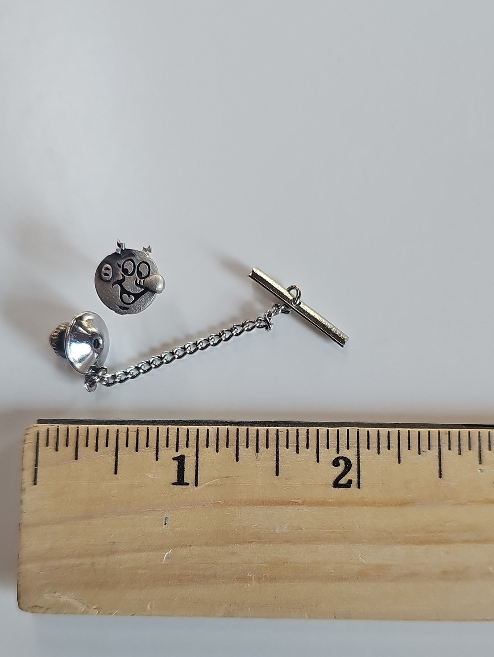 Sterling Silver Cat Face Tie Tack Pin with Chain - Silver